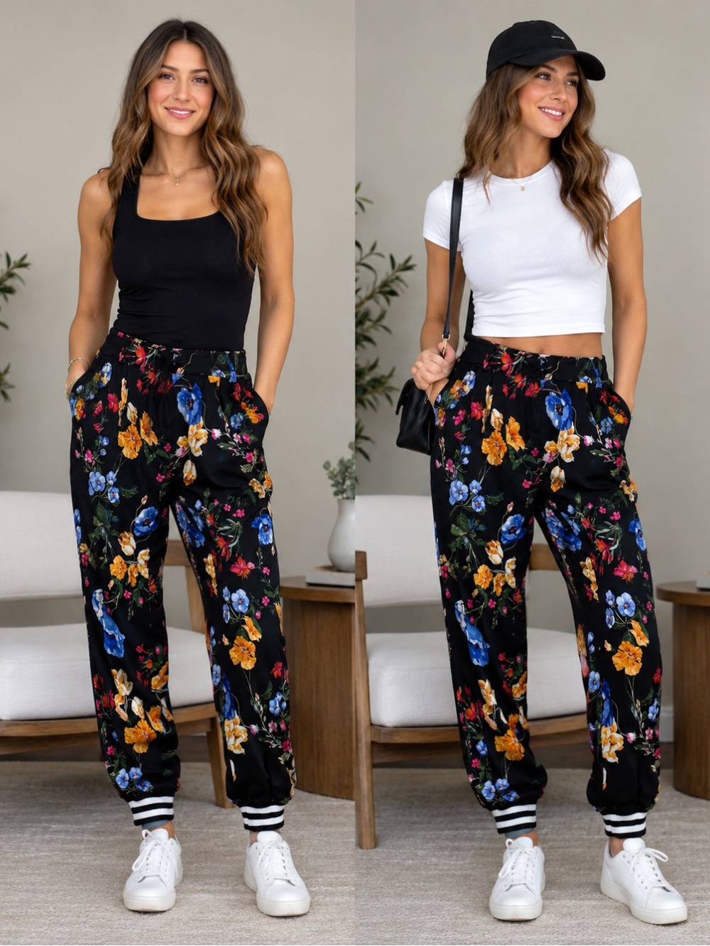 Parker Black Floral Jogger Pants with Multicolor Blooms